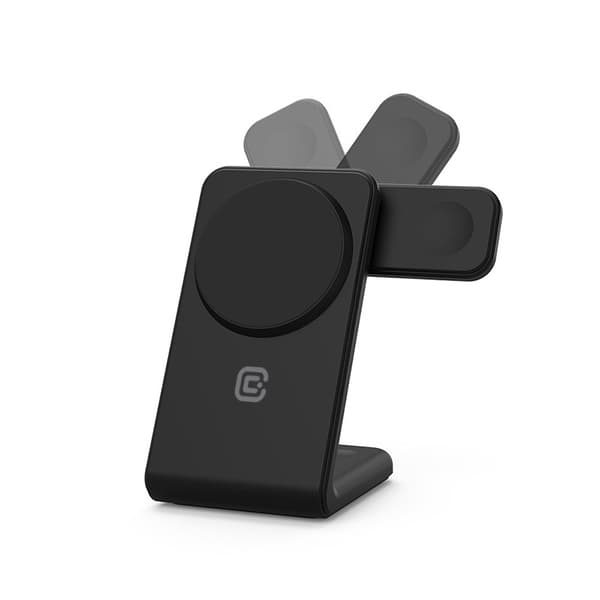 Crong MagSpot Pivot Stand - 3-i-1 trådløs oplader med MagSafe til iPhone, Apple Watch og AirPods (sort)
