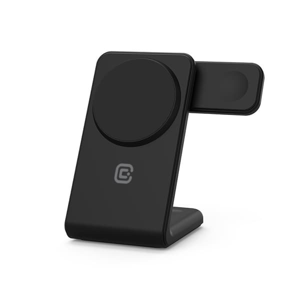 Crong MagSpot Pivot Stand - 3-i-1 trådløs oplader med MagSafe til iPhone, Apple Watch og AirPods (sort)