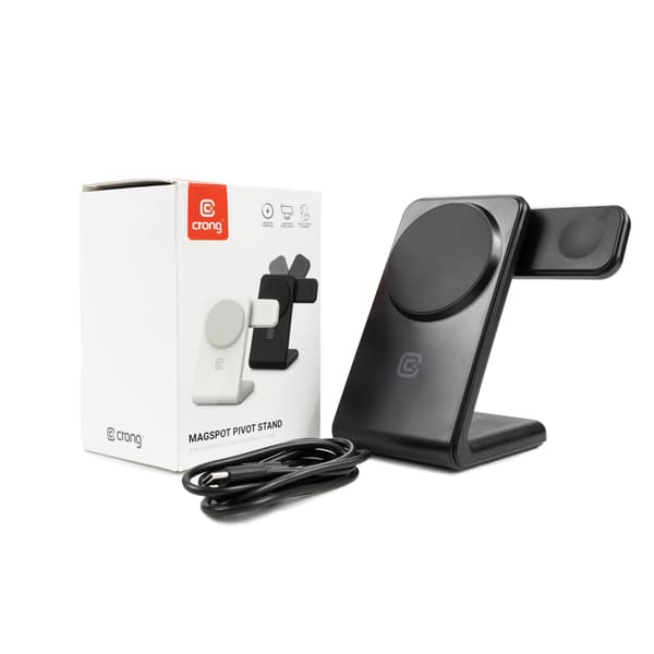 Crong MagSpot Pivot Stand - 3-i-1 trådløs oplader med MagSafe til iPhone, Apple Watch og AirPods (sort)