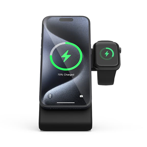 Crong MagSpot Pivot Stand - 3-i-1 trådløs oplader med MagSafe til iPhone, Apple Watch og AirPods (sort)