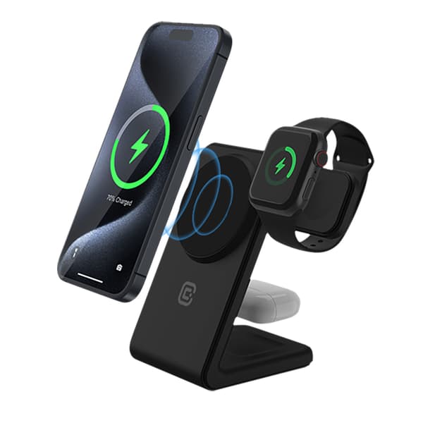 Crong MagSpot Pivot Stand - 3-i-1 trådløs oplader med MagSafe til iPhone, Apple Watch og AirPods (sort)