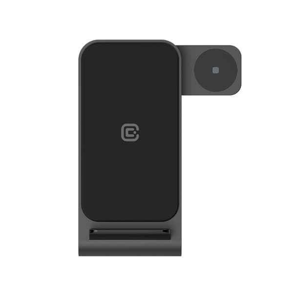 Crong PowerSpot Pivot Stand - 3in1 trådlös laddare för iPhone, Samsung & Android, Galaxy Watch och TWS-hörlurar (svarta)