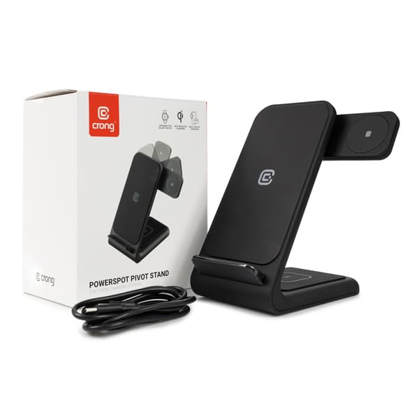 Crong PowerSpot Pivot Stand - 3in1 trådlös laddare för iPhone, Samsung & Android, Galaxy Watch och TWS-hörlurar (svarta)