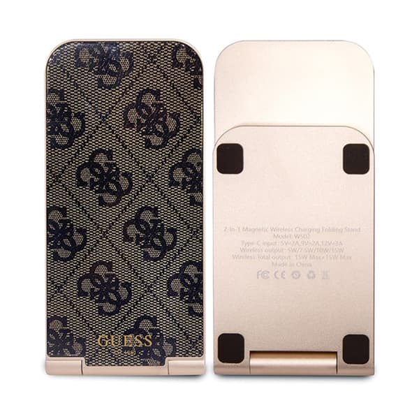 Guess 4G Pattern MagSafe - 2in1 taitettava induktiivinen laturi MagSafella iPhonelle ja AirPods 15W (ruskea)