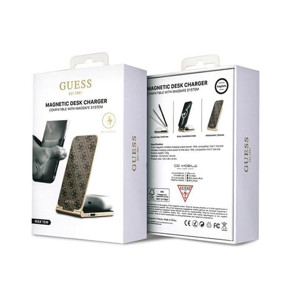 Guess 4G Pattern MagSafe - 2in1 taitettava induktiivinen laturi MagSafella iPhonelle ja AirPods 15W (ruskea)