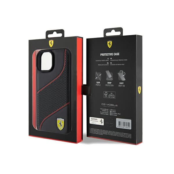 Ferrari Perforated Waves -metallilogo - iPhone 15 -kotelo (musta)