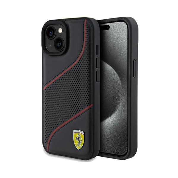 Ferrari Perforated Waves -metallilogo - iPhone 15 -kotelo (musta)