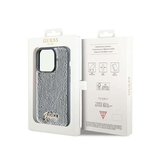 Guess Sequin Script Metal - iPhone 14 Pro etui (sølv)