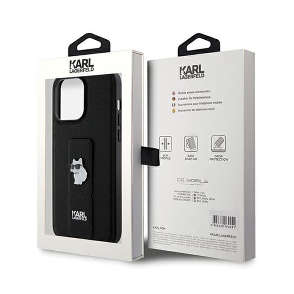 Karl Lagerfeld Gripstand Saffiano Choupette Pins - iPhone 13 Pro -kotelo (musta)