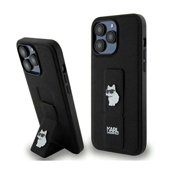 Karl Lagerfeld Gripstand Saffiano Choupette Pins - iPhone 13 Pro -kotelo (musta)