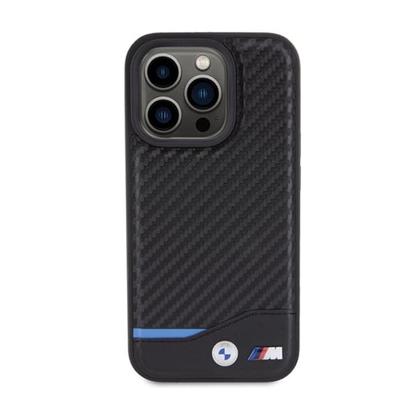 BMW Læder Carbon Blue Line MagSafe - iPhone 15 Pro Max etui (sort)