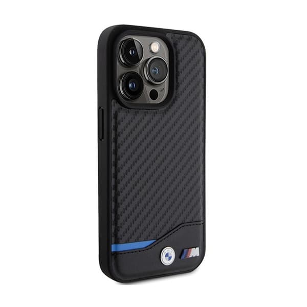 BMW Læder Carbon Blue Line MagSafe - iPhone 15 Pro Max etui (sort)