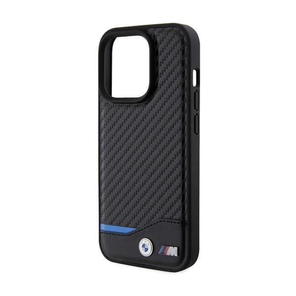 BMW Læder Carbon Blue Line MagSafe - iPhone 15 Pro Max etui (sort)