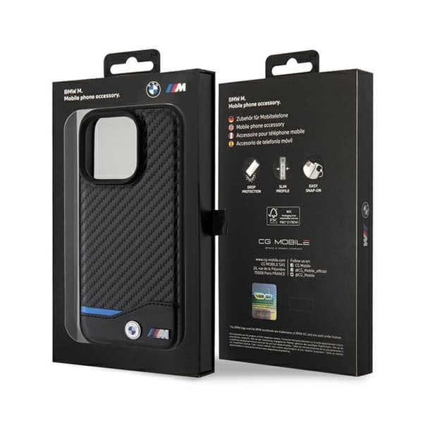 BMW Læder Carbon Blue Line MagSafe - iPhone 15 Pro Max etui (sort)