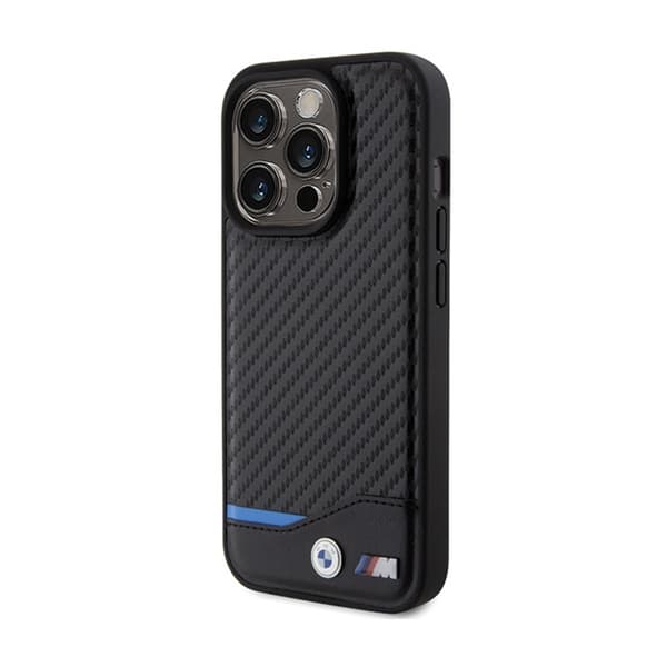 BMW Læder Carbon Blue Line MagSafe - iPhone 15 Pro Max etui (sort)