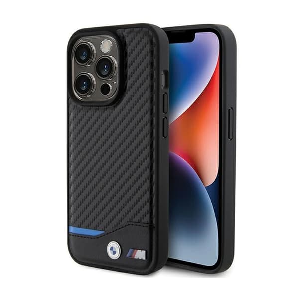 BMW Læder Carbon Blue Line MagSafe - iPhone 15 Pro Max etui (sort)