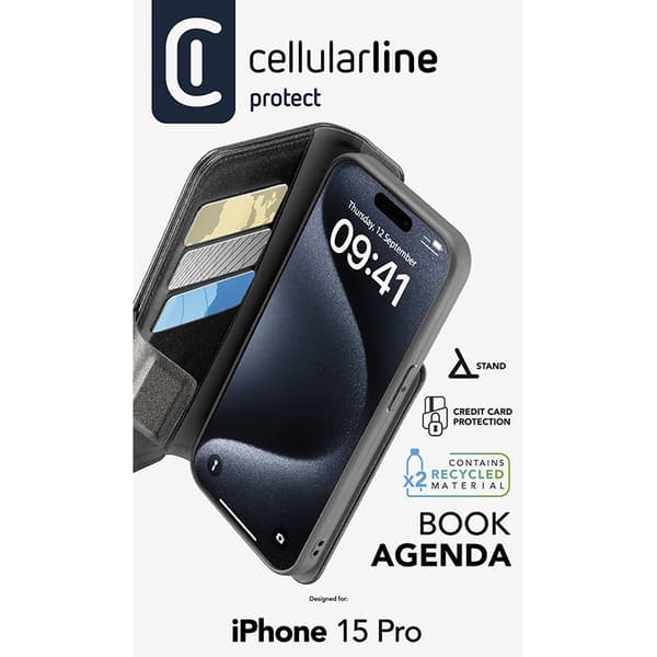 Cellularline Book Agenda - iPhone 15 Pro-etui med MICROBAN-coating (sort)