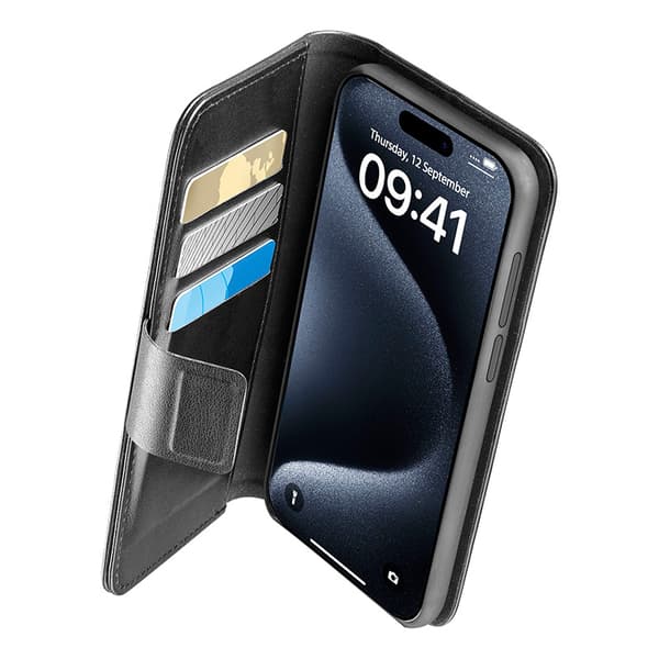 Cellularline Book Agenda - iPhone 15 Pro-etui med MICROBAN-coating (sort)