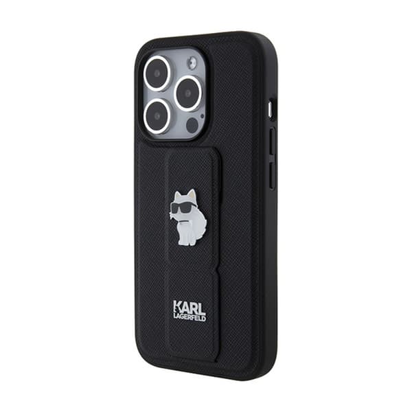 Karl Lagerfeld Gripstand Saffiano Choupette Pins - iPhone 15 Pro -kotelo (musta)