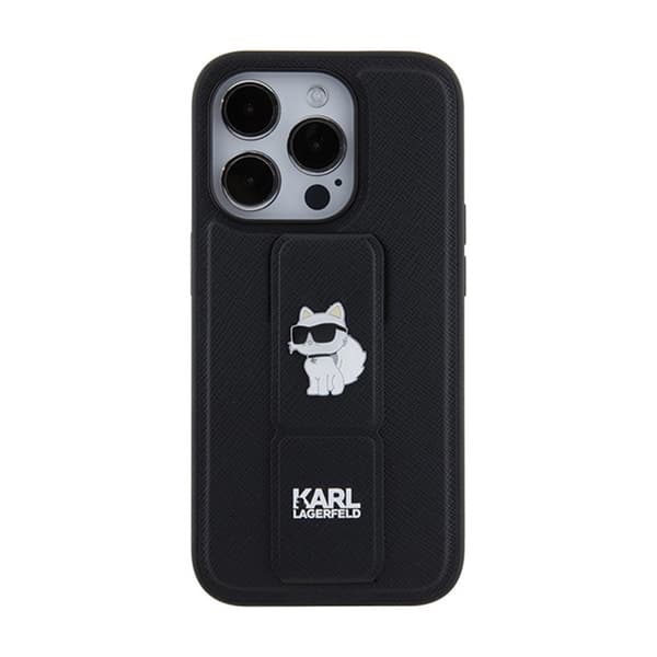 Karl Lagerfeld Gripstand Saffiano Choupette Pins - iPhone 15 Pro -kotelo (musta)