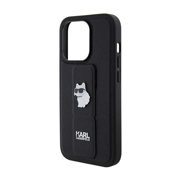 Karl Lagerfeld Gripstand Saffiano Choupette Pins - iPhone 15 Pro -kotelo (musta)