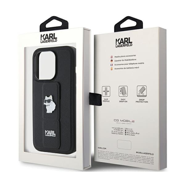 Karl Lagerfeld Gripstand Saffiano Choupette Pins - iPhone 15 Pro -kotelo (musta)