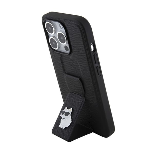 Karl Lagerfeld Gripstand Saffiano Choupette Pins - iPhone 15 Pro -kotelo (musta)