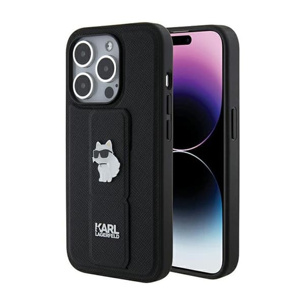 Karl Lagerfeld Gripstand Saffiano Choupette Pins - iPhone 15 Pro -kotelo (musta)