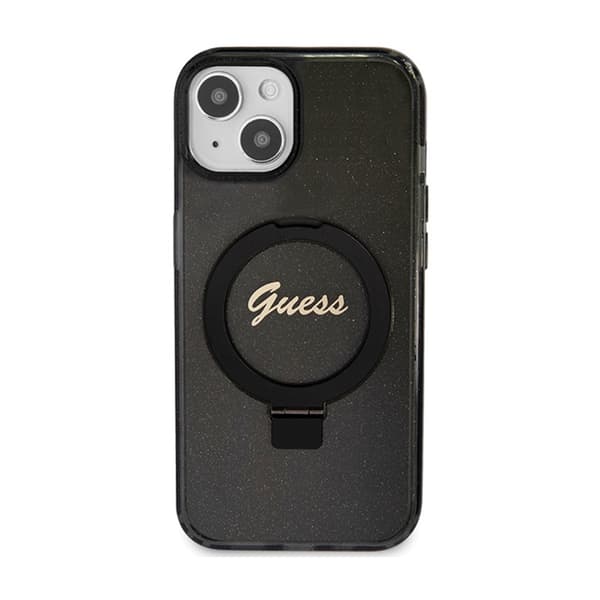 Guess Ring Stand Script Glitter MagSafe - iPhone 15 Plus -kotelo (musta)
