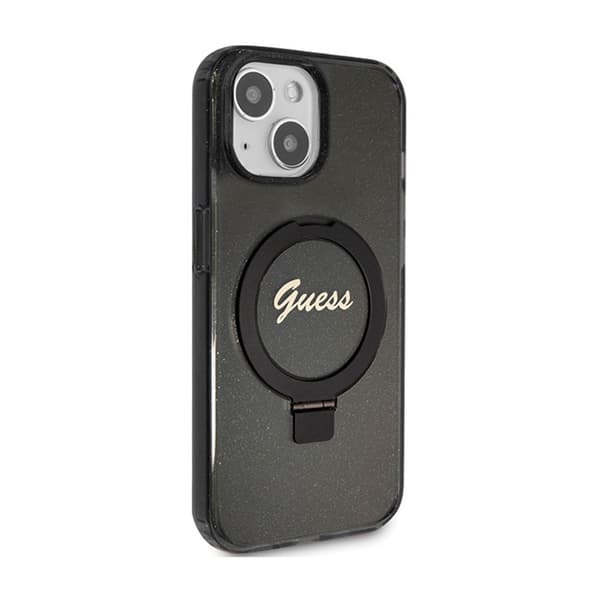 Guess Ring Stand Script Glitter MagSafe - iPhone 15 Plus -kotelo (musta)