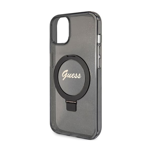 Guess Ring Stand Script Glitter MagSafe - iPhone 15 Plus -kotelo (musta)