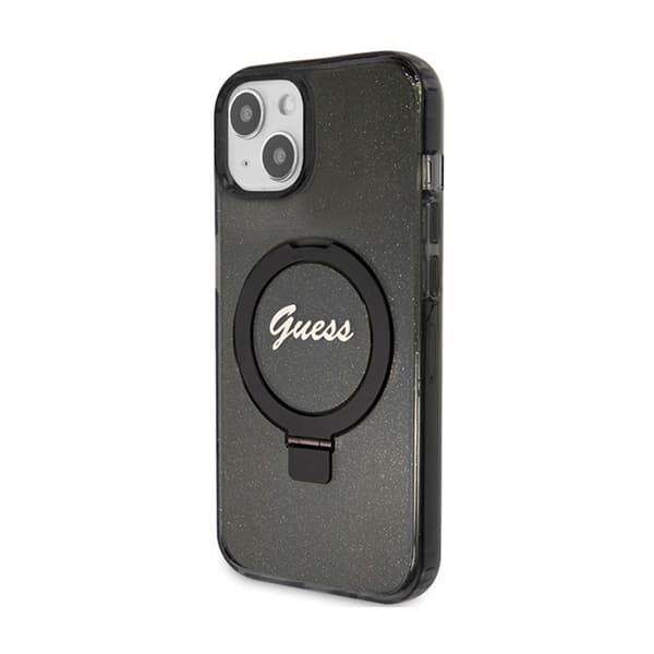 Guess Ring Stand Script Glitter MagSafe - iPhone 15 Plus -kotelo (musta)