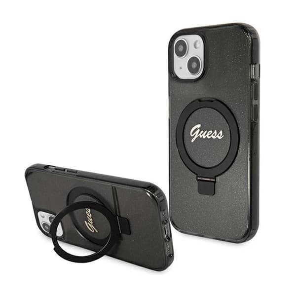 Guess Ring Stand Script Glitter MagSafe - iPhone 15 Plus -kotelo (musta)