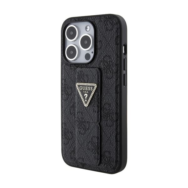 Guess Grip Stand 4G Triangle Strass-logotyp - iPhone 15 Pro-fodral (svart)