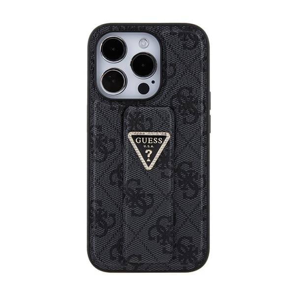Guess Grip Stand 4G Triangle Strass-logotyp - iPhone 15 Pro-fodral (svart)