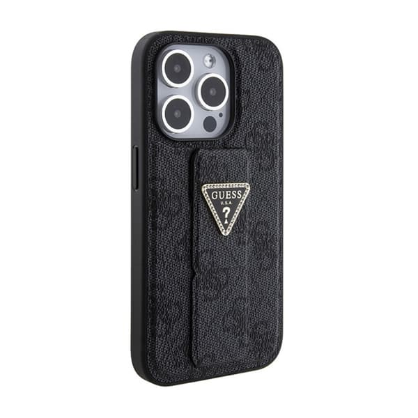 Guess Grip Stand 4G Triangle Strass-logotyp - iPhone 15 Pro-fodral (svart)