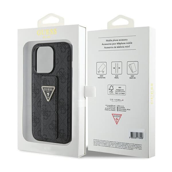 Guess Grip Stand 4G Triangle Strass-logotyp - iPhone 15 Pro-fodral (svart)