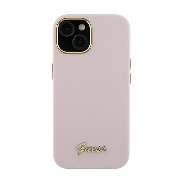 Guess Silicone Script -metallilogo ja -kehys - iPhone 15 Pro -kotelo (vaaleanpunainen)