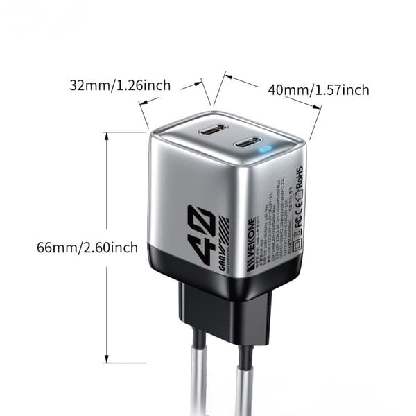 WEKOME WP-U02 Mecha Series - 2x USB-C Super Fast Charger GaN 40W seinälaturi (hopea)