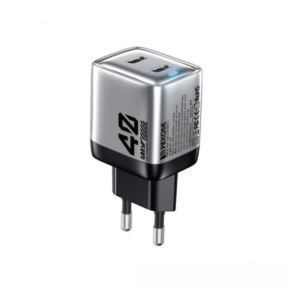 WEKOME WP-U02 Mecha Series - 2x USB-C Super Fast Charger GaN 40W seinälaturi (hopea)
