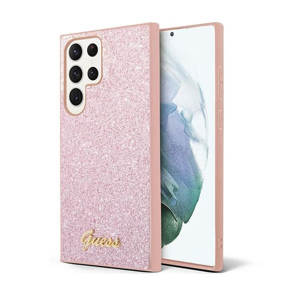 Guess Glitter Flakes Metal Logo Cover - Samsung Galaxy S24 Ultra Cover (Pink)
