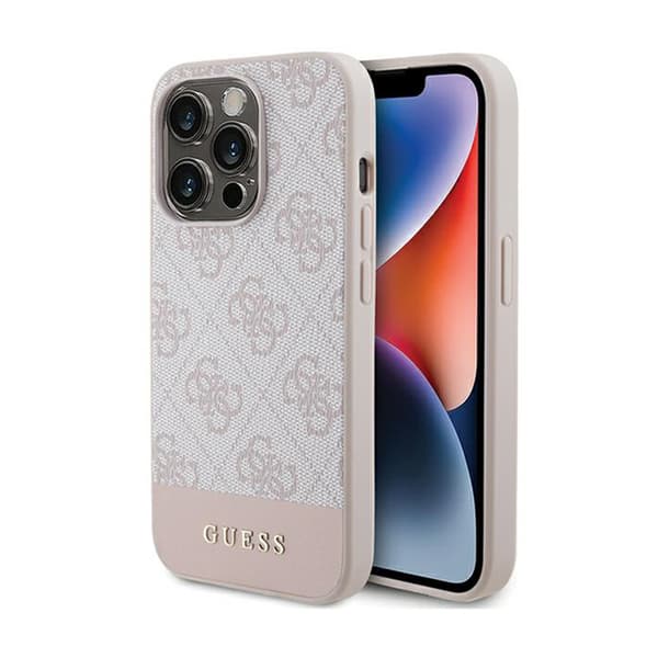 Guess 4G Bottom Stripe Metal Logo Collection - iPhone 15 Pro -kotelo (vaaleanpunainen)
