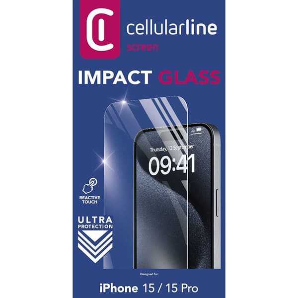 Cellularline Impact Glass - Karkaistu suojalasi iPhone 15 / iPhone 15 Pro:lle