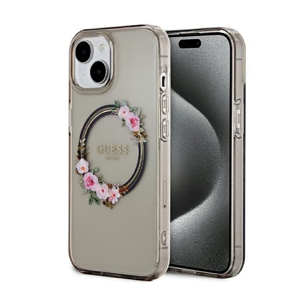 Guess IML Flowers Wreath MagSafe - iPhone 15 -kotelo (musta)