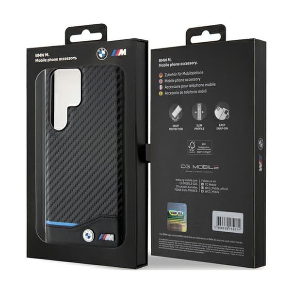 BMW Læder Carbon Blue Line - Samsung Galaxy S24 Ultra Cover (sort)