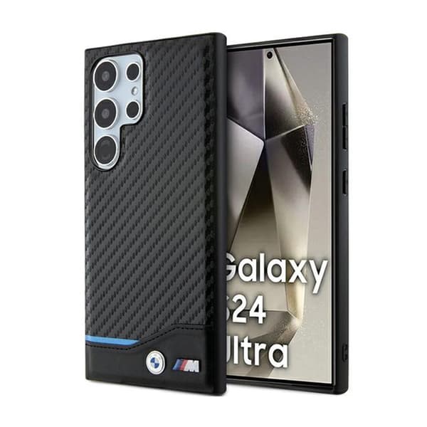 BMW Læder Carbon Blue Line - Samsung Galaxy S24 Ultra Cover (sort)