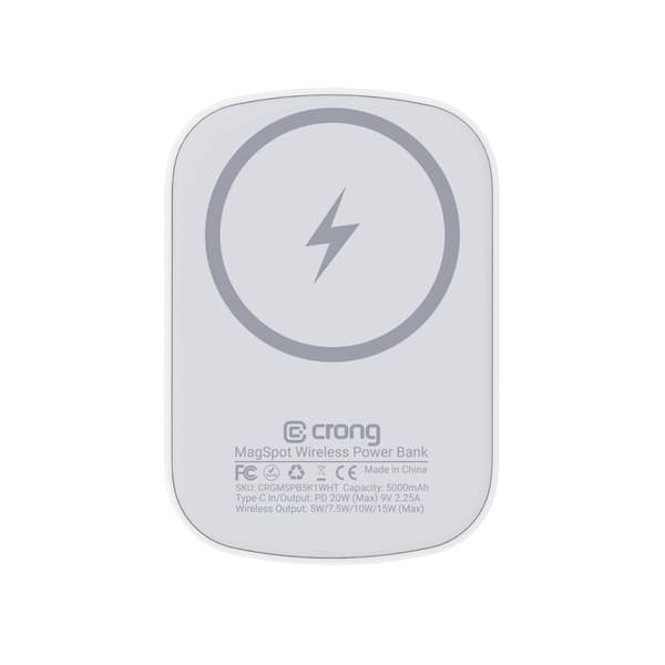 Crong MagSpot Power Bank - Erittäin ohut langaton virtapankki MagSafe 5000 mAh:lla, USB-C 20 W PD (valkoinen)