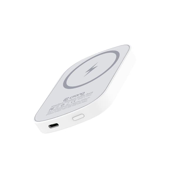 Crong MagSpot Power Bank - Erittäin ohut langaton virtapankki MagSafe 5000 mAh:lla, USB-C 20 W PD (valkoinen)
