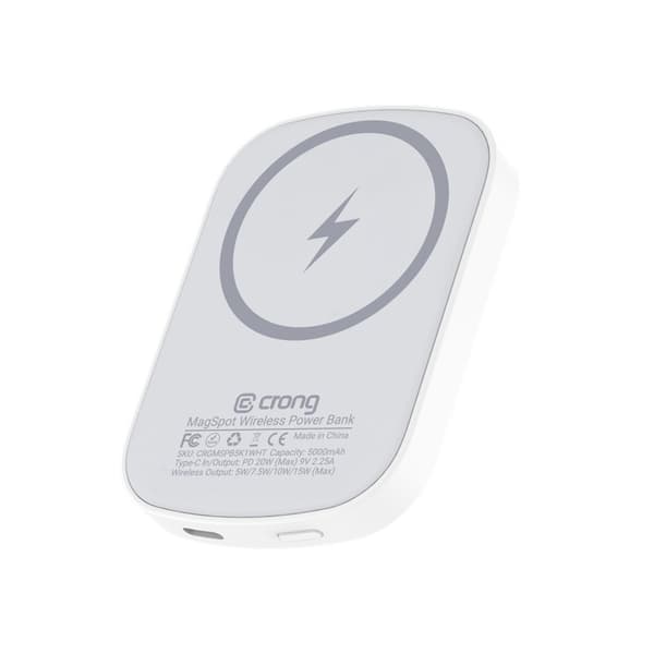 Crong MagSpot Power Bank - Erittäin ohut langaton virtapankki MagSafe 5000 mAh:lla, USB-C 20 W PD (valkoinen)