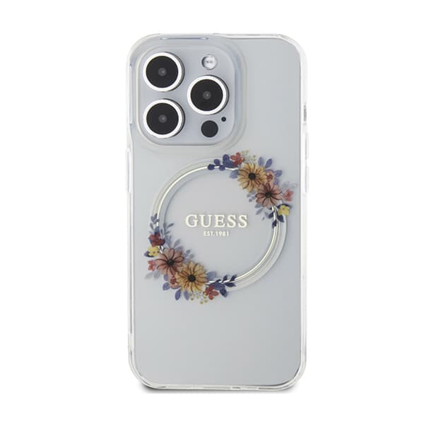 Guess IML Flowers Wreath MagSafe - iPhone 15 Pro -kotelo (läpinäkyvä)